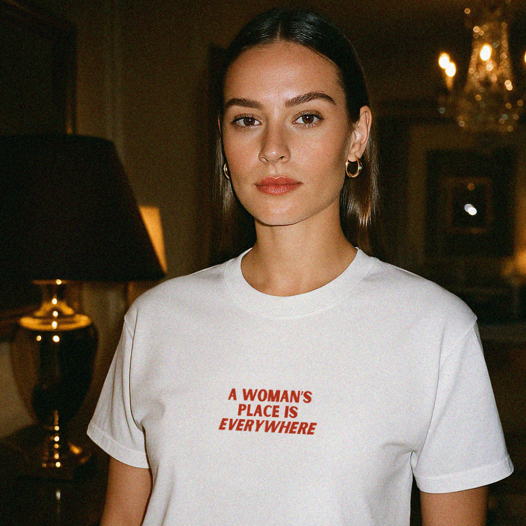 woman with short brown hair wearing white t-shirt that says A Woman's Place Is Everywhere